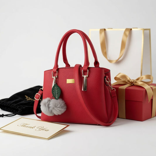Elegant Red Leather Satchel Handbag with Pom-Pom Charm & Gold Hardware | Verity Bags