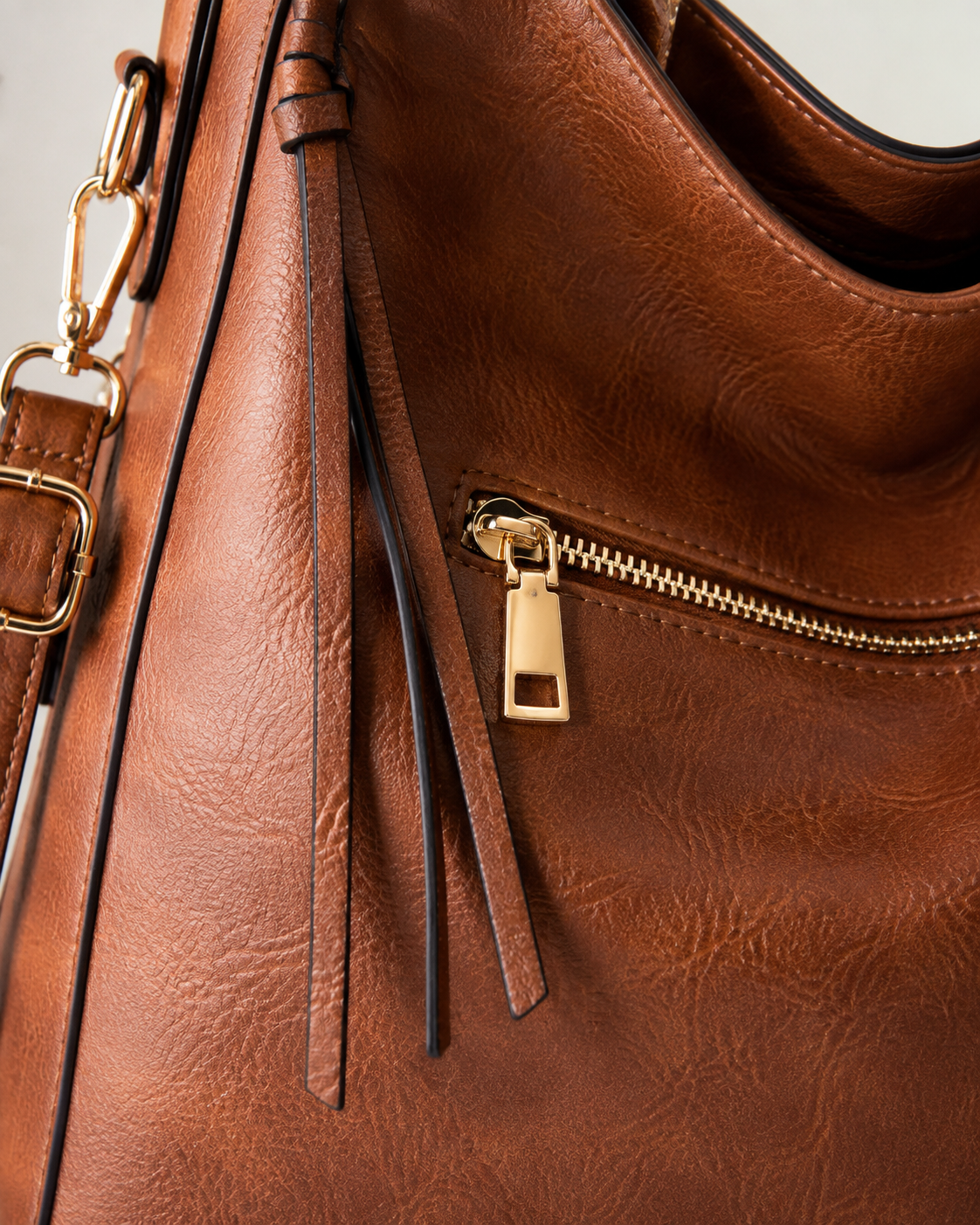 Premium Soft Hobo Handbag – Cognac Brown PU Leather with Gold Hardware