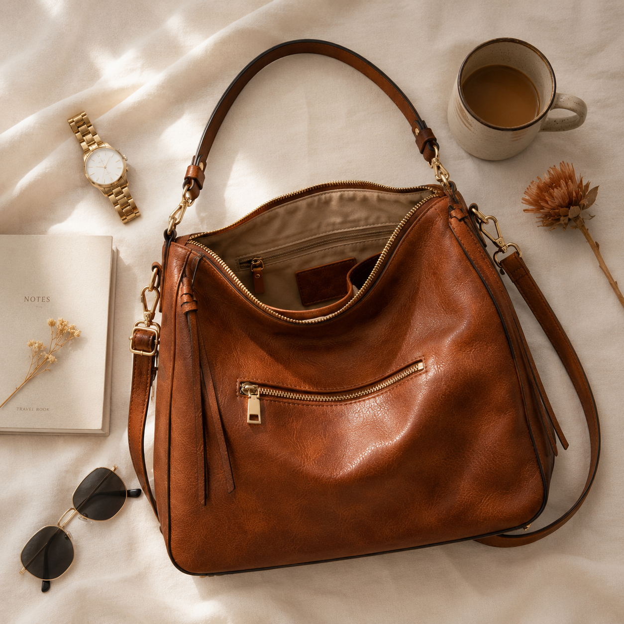 Premium Soft Hobo Handbag – Cognac Brown PU Leather with Gold Hardware