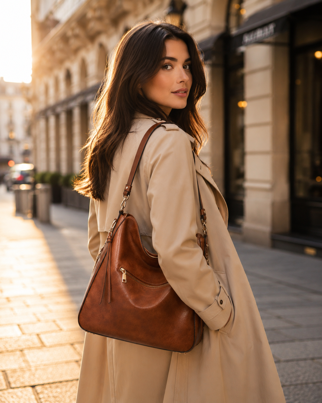 Premium Soft Hobo Handbag – Cognac Brown PU Leather with Gold Hardware
