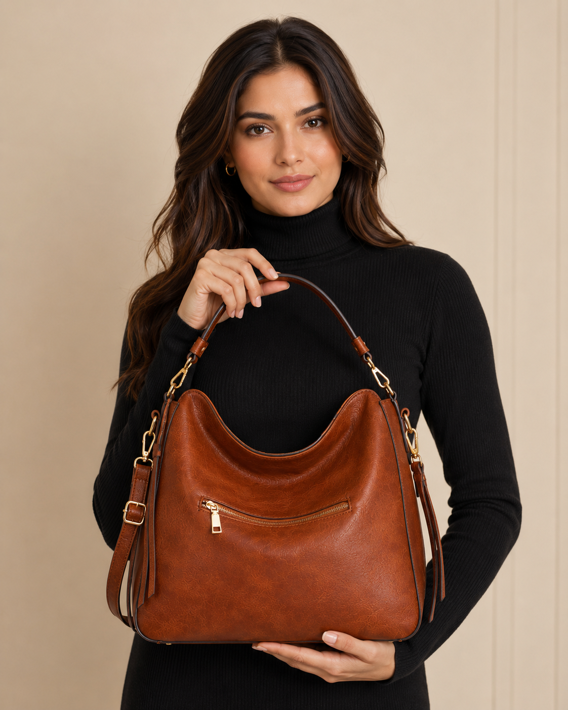 Premium Soft Hobo Handbag – Cognac Brown PU Leather with Gold Hardware