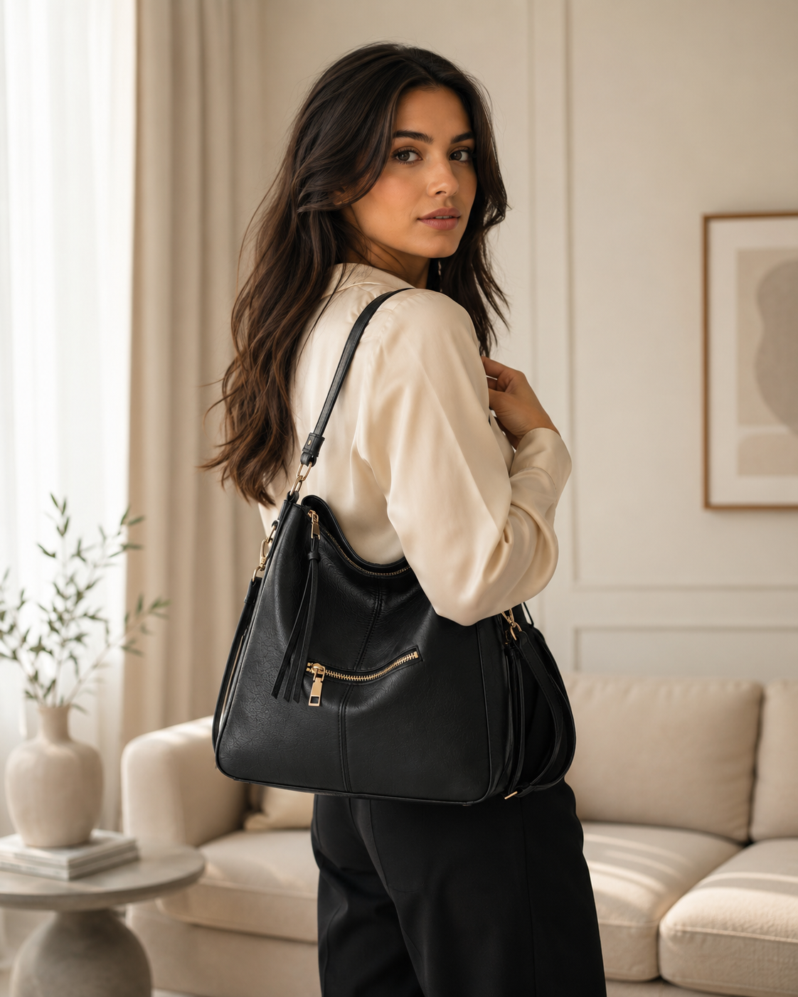 Premium Soft Hobo Handbag – Cognac Brown PU Leather with Gold Hardware