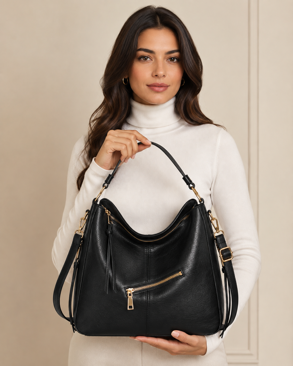 Premium Soft Hobo Handbag – Cognac Brown PU Leather with Gold Hardware