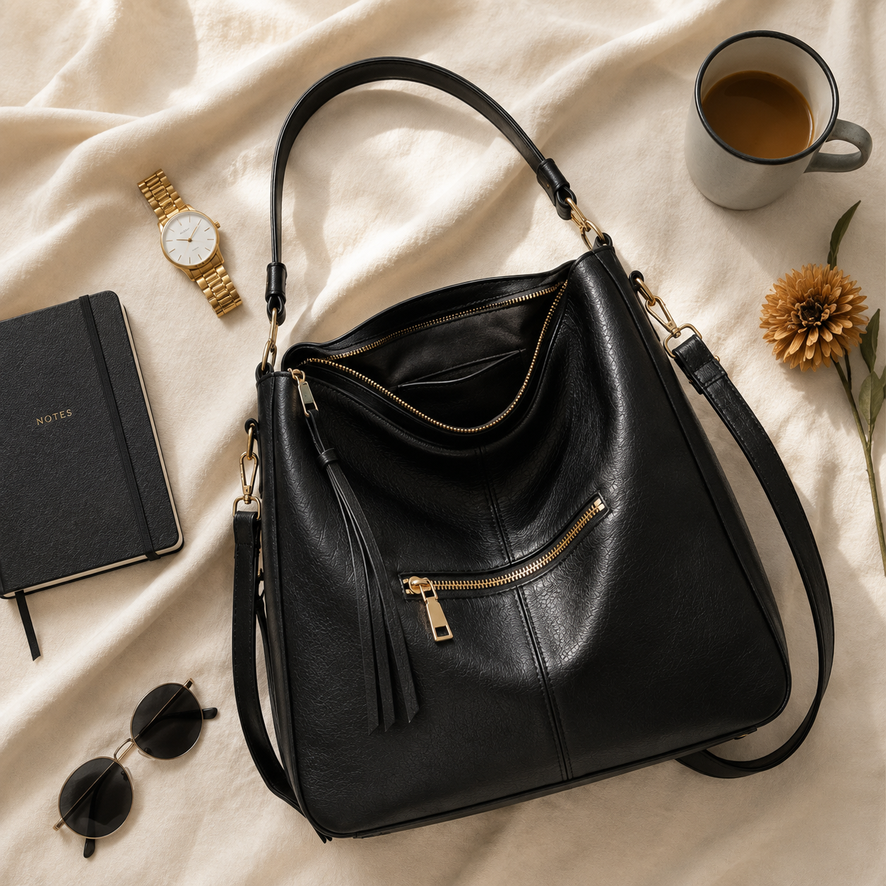 Premium Soft Hobo Handbag – Cognac Brown PU Leather with Gold Hardware