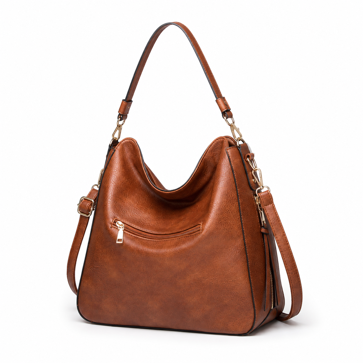 Premium Soft Hobo Handbag – Cognac Brown PU Leather with Gold Hardware