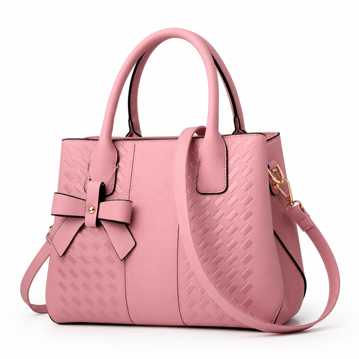 Verity Bags Soft Blush Pink Woven Tote Handbag with Bow Charm | Luxury Crossbody for Women