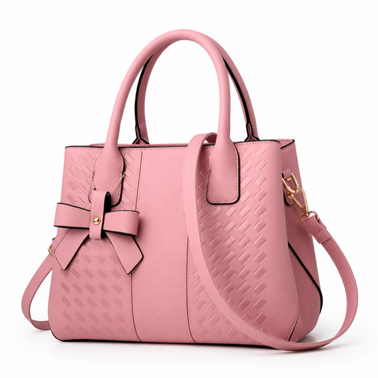 Verity Bags Soft Blush Pink Woven Tote Handbag with Bow Charm | Luxury Crossbody for Women