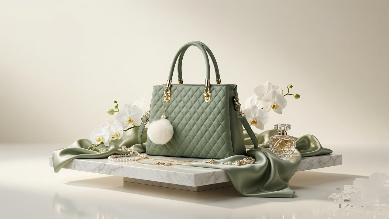 Sage Green Quilted Leather Handbag - Gold Hardware, Pom-Pom Charm & Detachable Strap | Premium Everyday Tote"