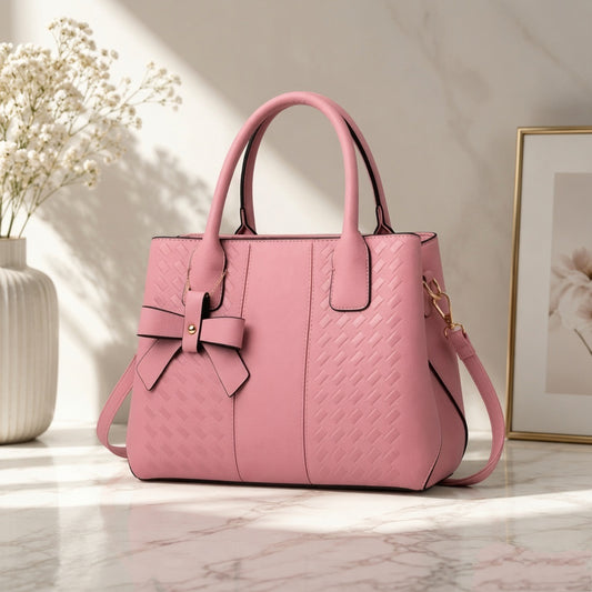 Verity Bags Soft Blush Pink Woven Tote Handbag with Bow Charm | Luxury Crossbody for Women