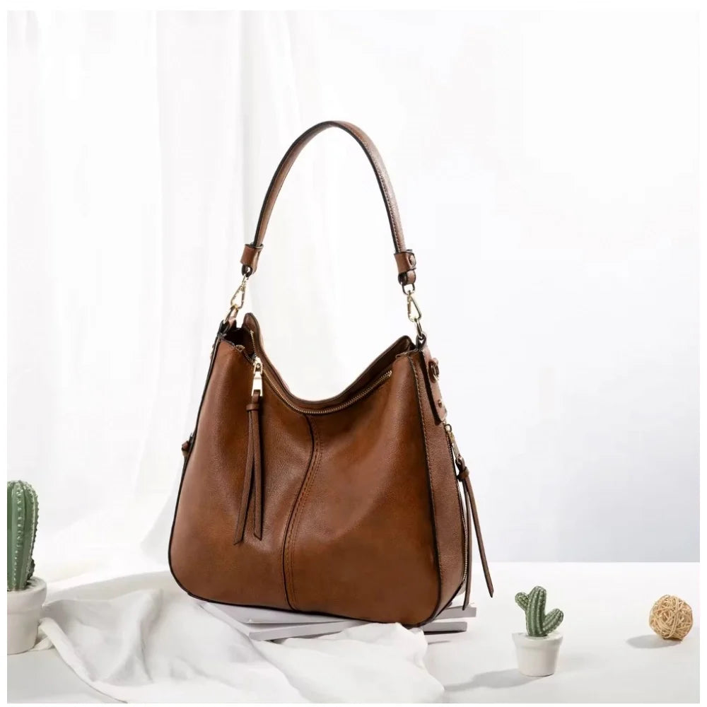 Premium Soft Hobo Handbag – Cognac Brown PU Leather with Gold Hardware