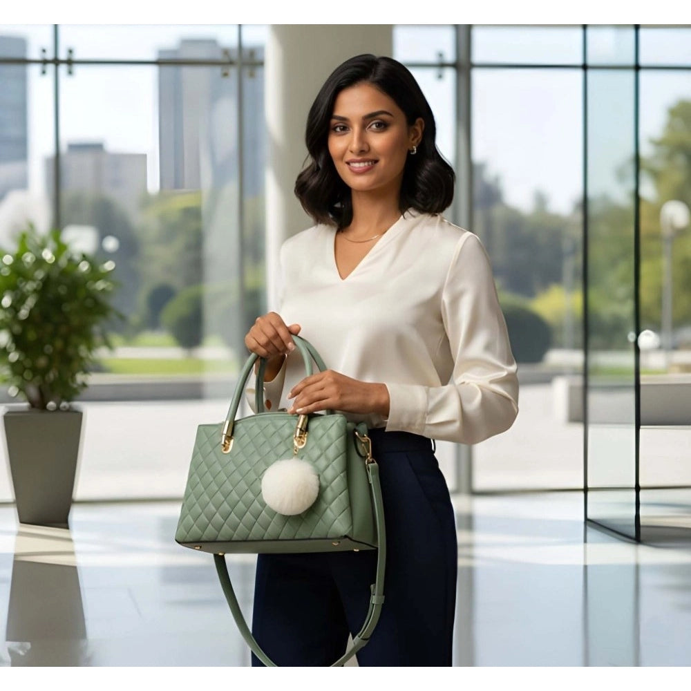 Sage Green Quilted Leather Handbag - Gold Hardware, Pom-Pom Charm & Detachable Strap | Premium Everyday Tote"
