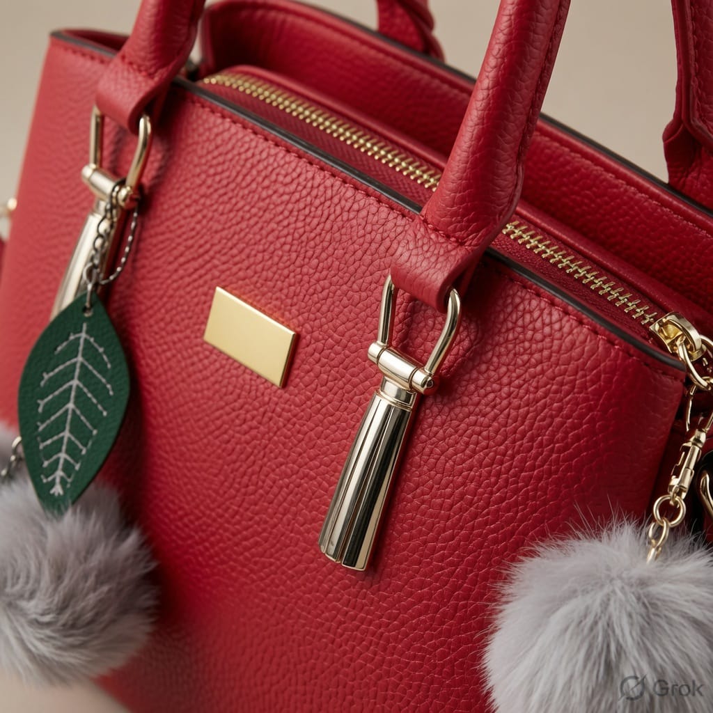 Elegant Red Leather Satchel Handbag with Pom-Pom Charm & Gold Hardware | Verity Bags