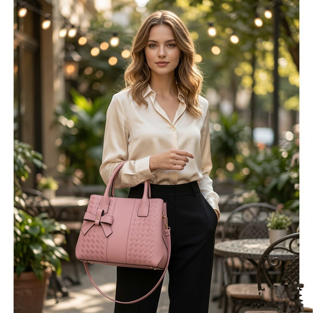 Verity Bags Soft Blush Pink Woven Tote Handbag with Bow Charm | Luxury Crossbody for Women