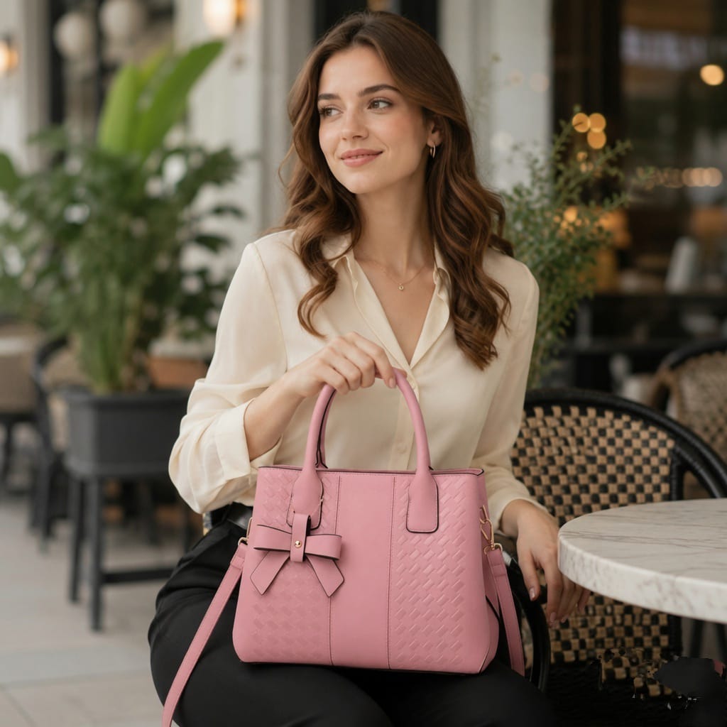 Verity Bags Soft Blush Pink Woven Tote Handbag with Bow Charm | Luxury Crossbody for Women