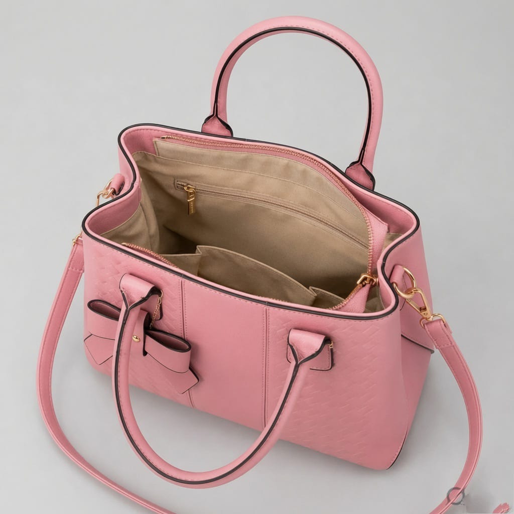 Verity Bags Soft Blush Pink Woven Tote Handbag with Bow Charm | Luxury Crossbody for Women