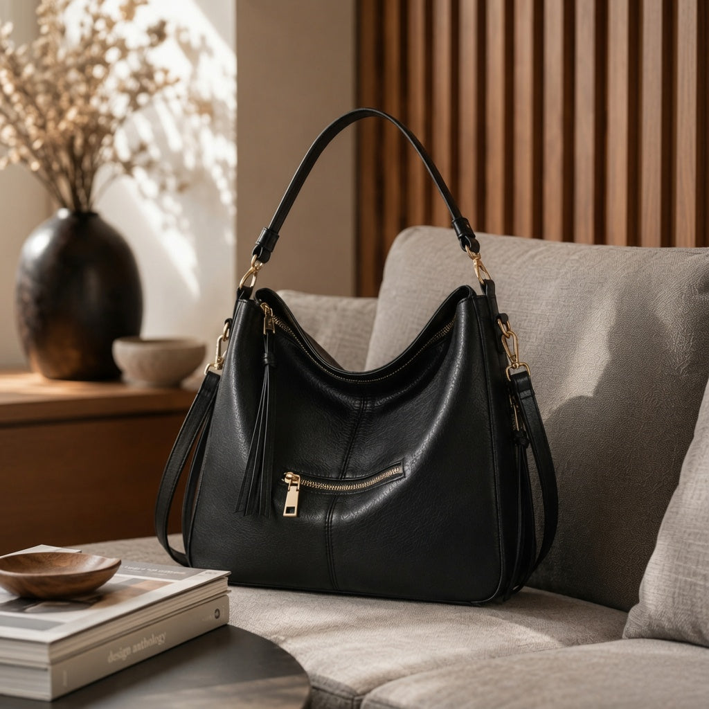 Premium Soft Hobo Handbag – Cognac Brown PU Leather with Gold Hardware