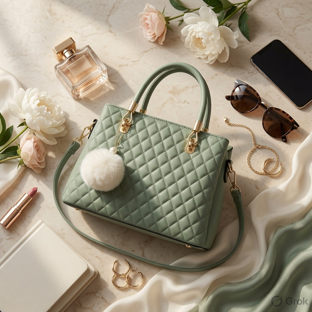 Sage Green Quilted Leather Handbag - Gold Hardware, Pom-Pom Charm & Detachable Strap | Premium Everyday Tote"