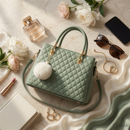 Sage Green Quilted Leather Handbag - Gold Hardware, Pom-Pom Charm & Detachable Strap | Premium Everyday Tote"